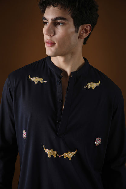 Elephant Hand Embroidered Designer Kurta - Navy