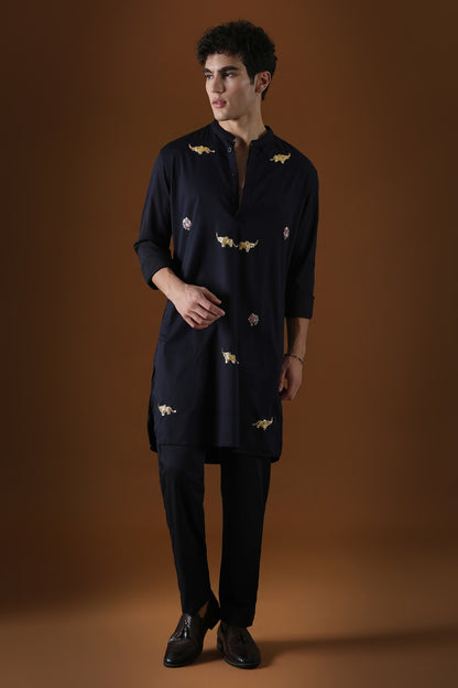 Elephant Hand Embroidered Designer Kurta - Navy