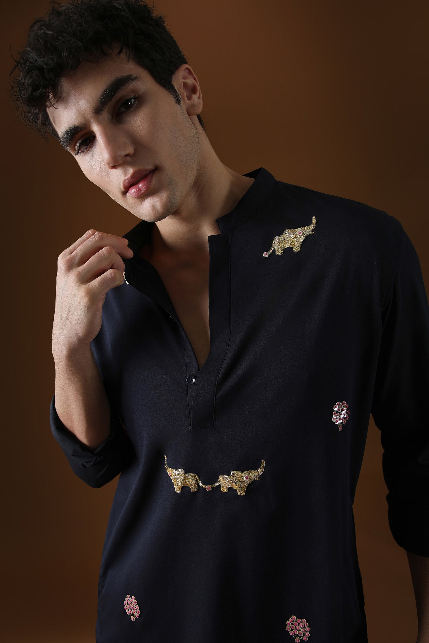 Elephant Hand Embroidered Designer Kurta - Navy