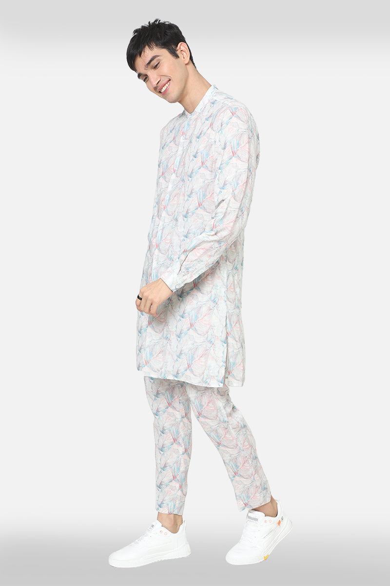 White Linen Printed Kurta Set