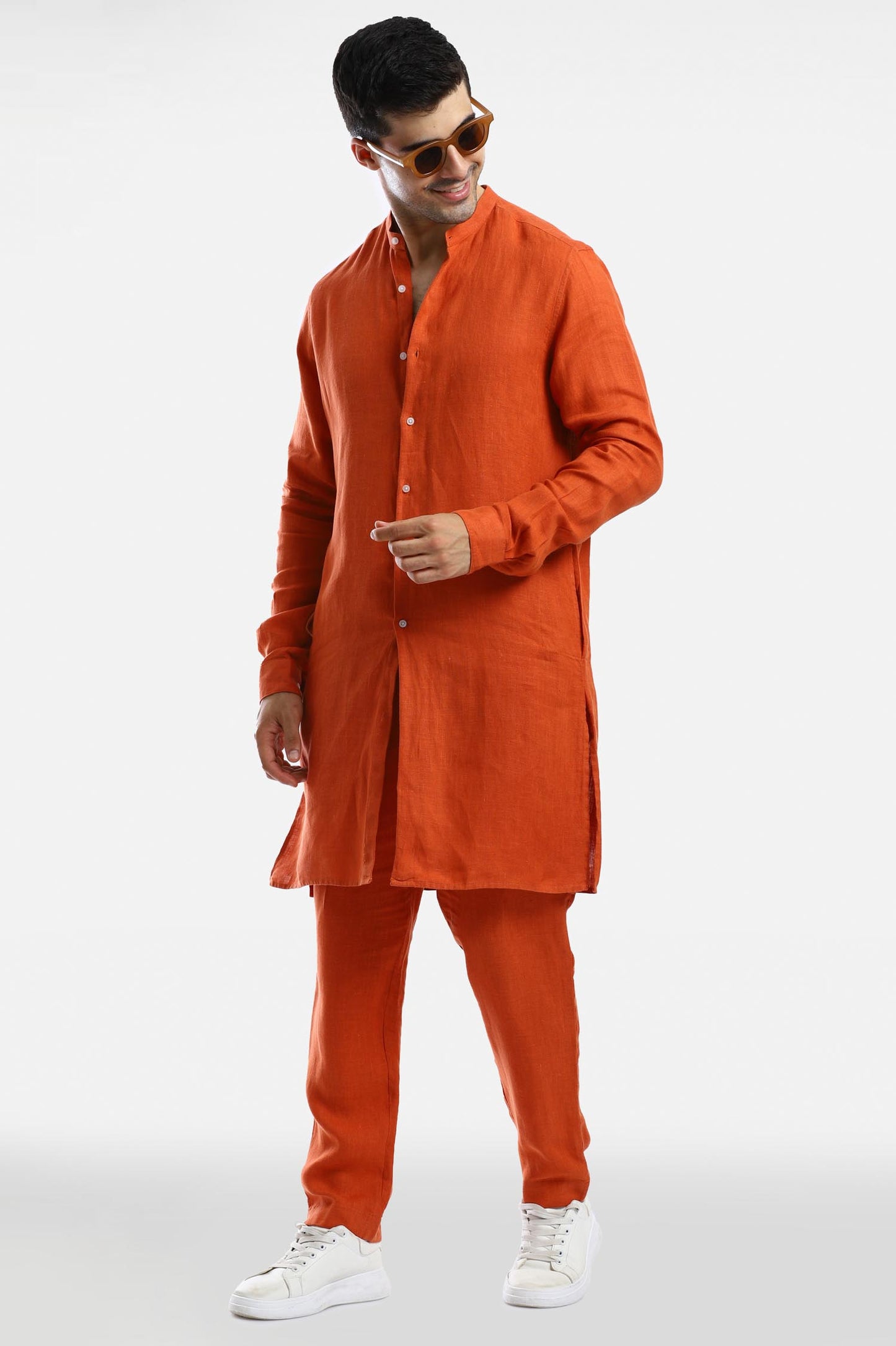 Rust Orange Linen Kurta Set