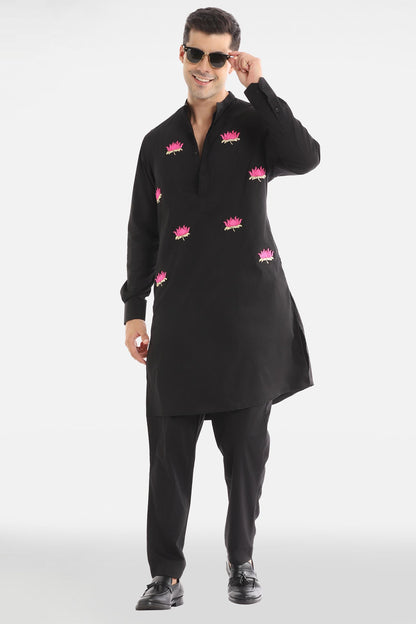 Kamal Ke Phool Kurta - Black