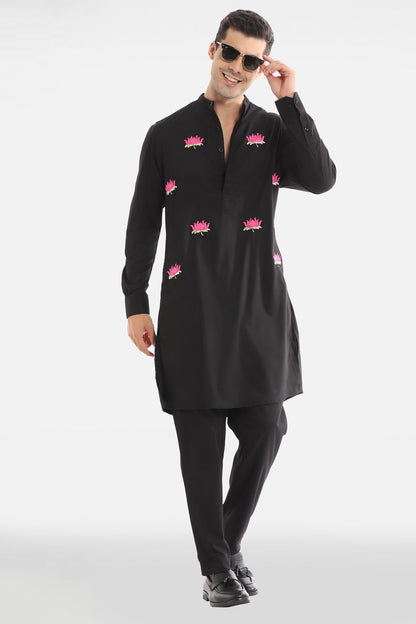 Kamal Ke Phool Kurta - Black