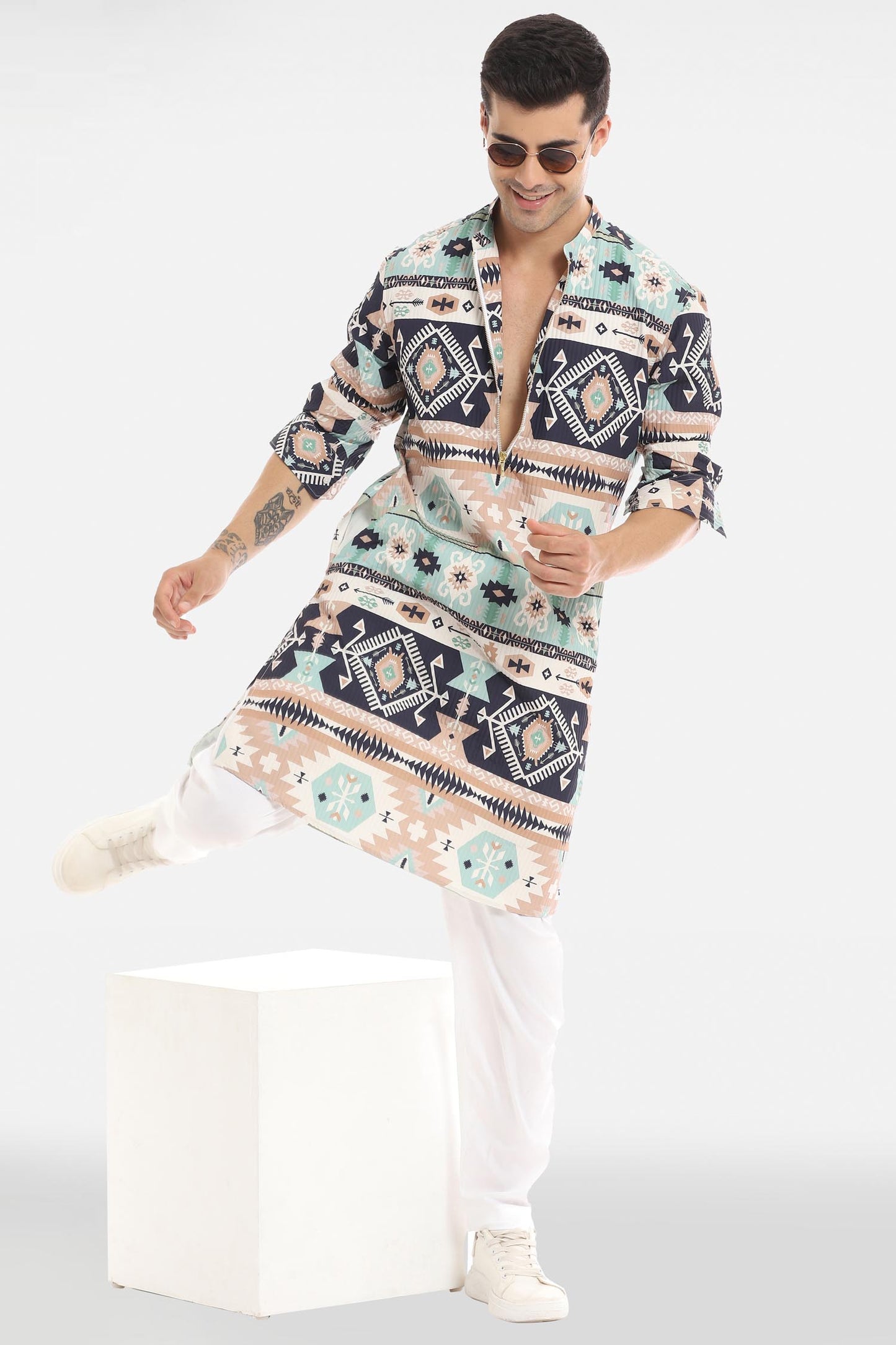 Navy and Sky Print Kurta