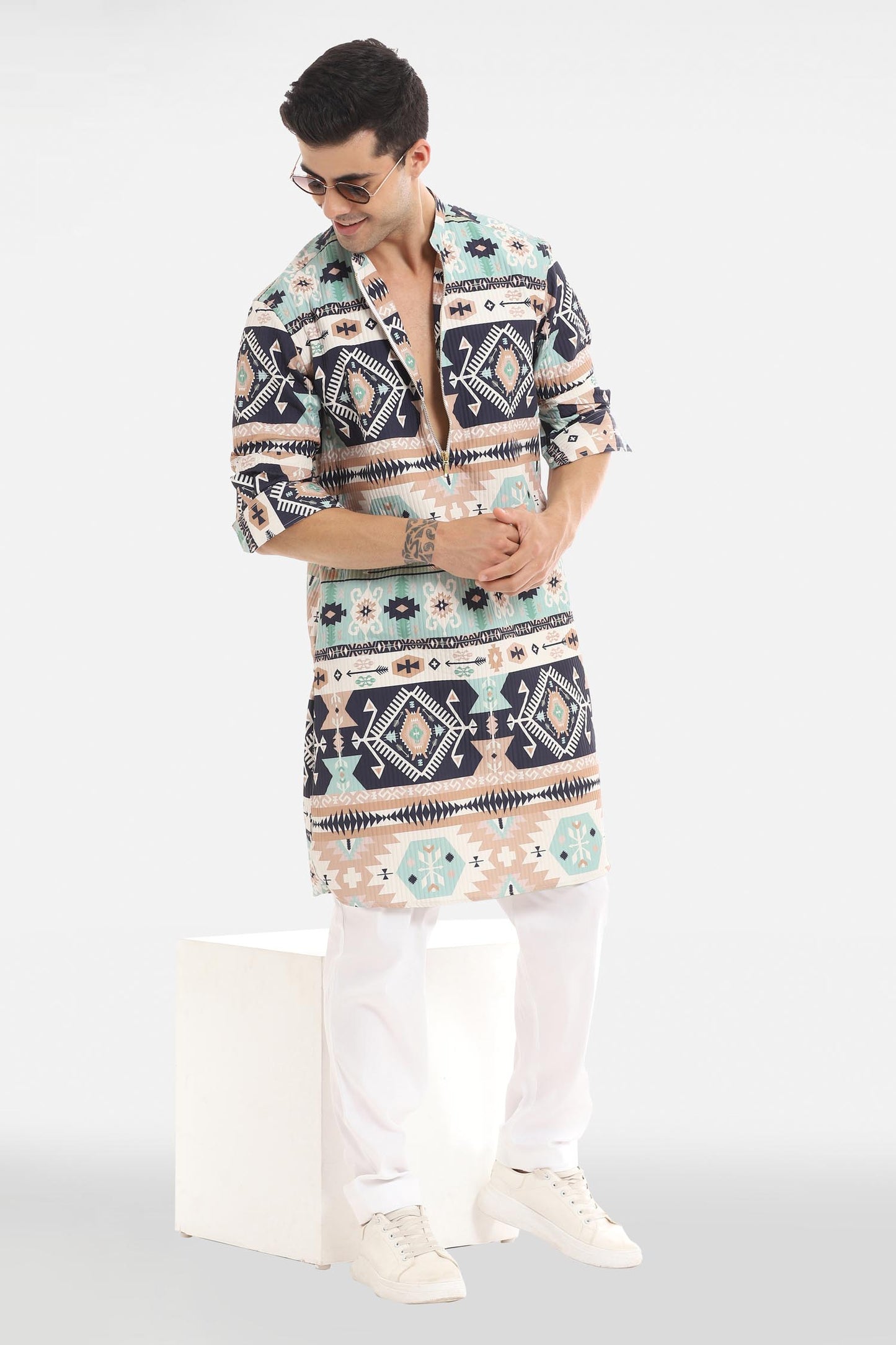 Navy and Sky Print Kurta