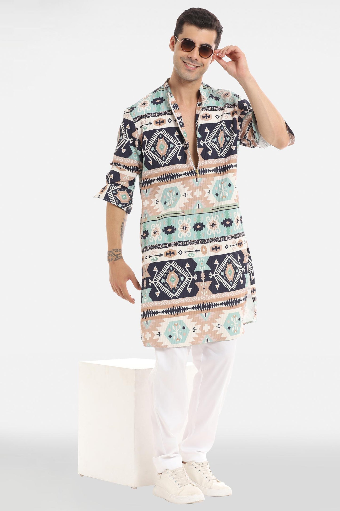 Navy and Sky Print Kurta