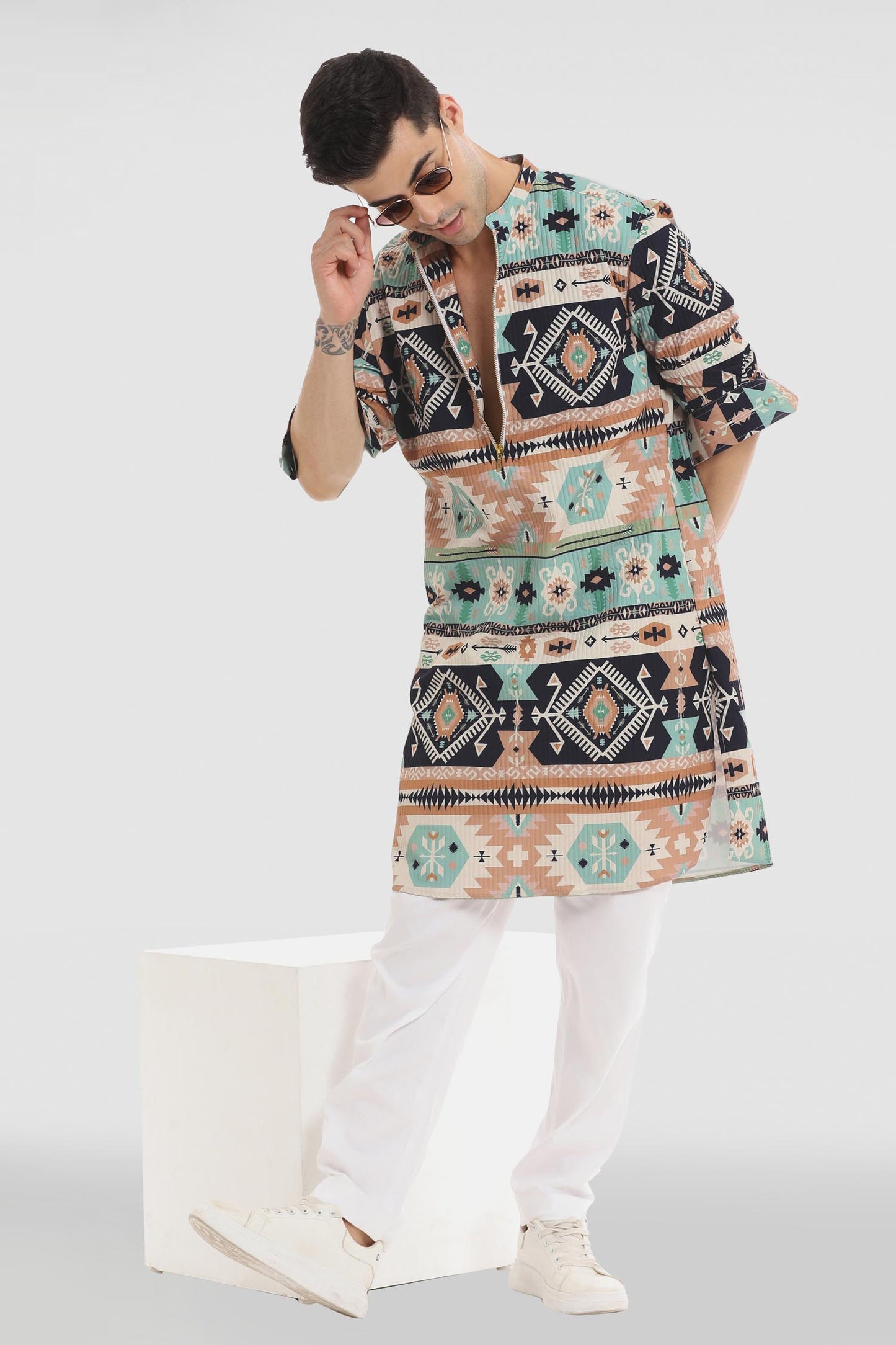 Navy and Sky Print Kurta