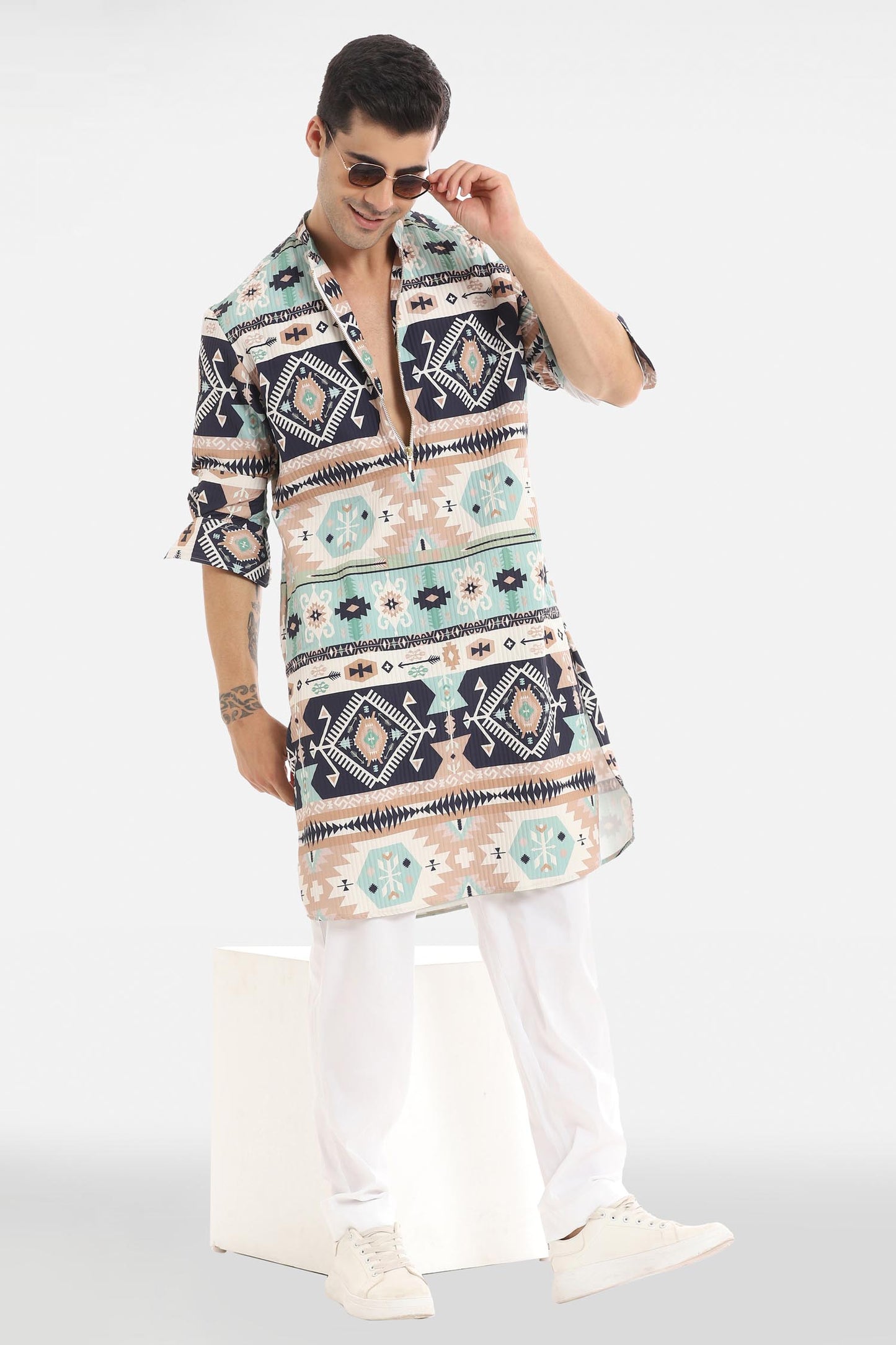 Navy and Sky Print Kurta