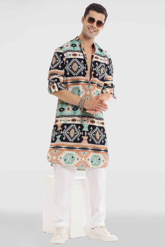 Navy and Sky Print Kurta