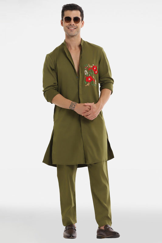 Birds Blossom Kurta - Olive Green