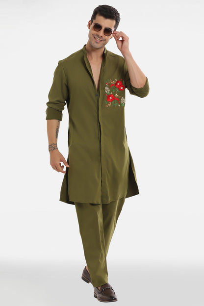 Birds Blossom Kurta - Olive Green