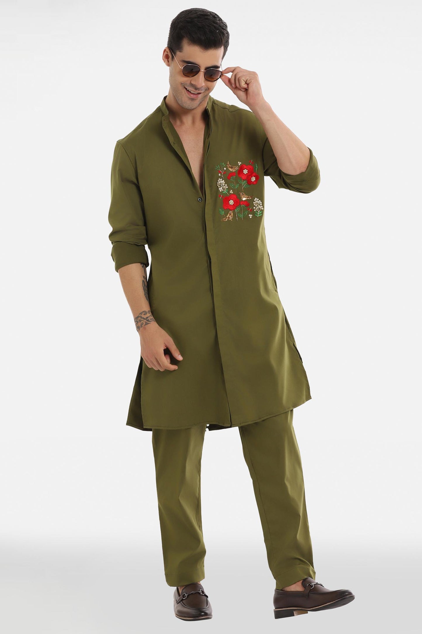 Birds Blossom Kurta - Olive Green