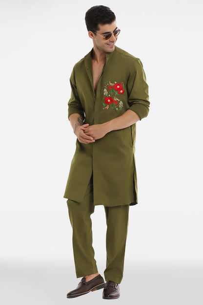 Birds Blossom Kurta - Olive Green