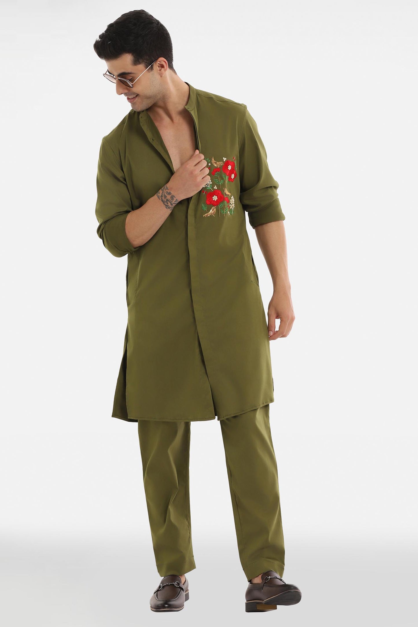 Birds Blossom Kurta - Olive Green