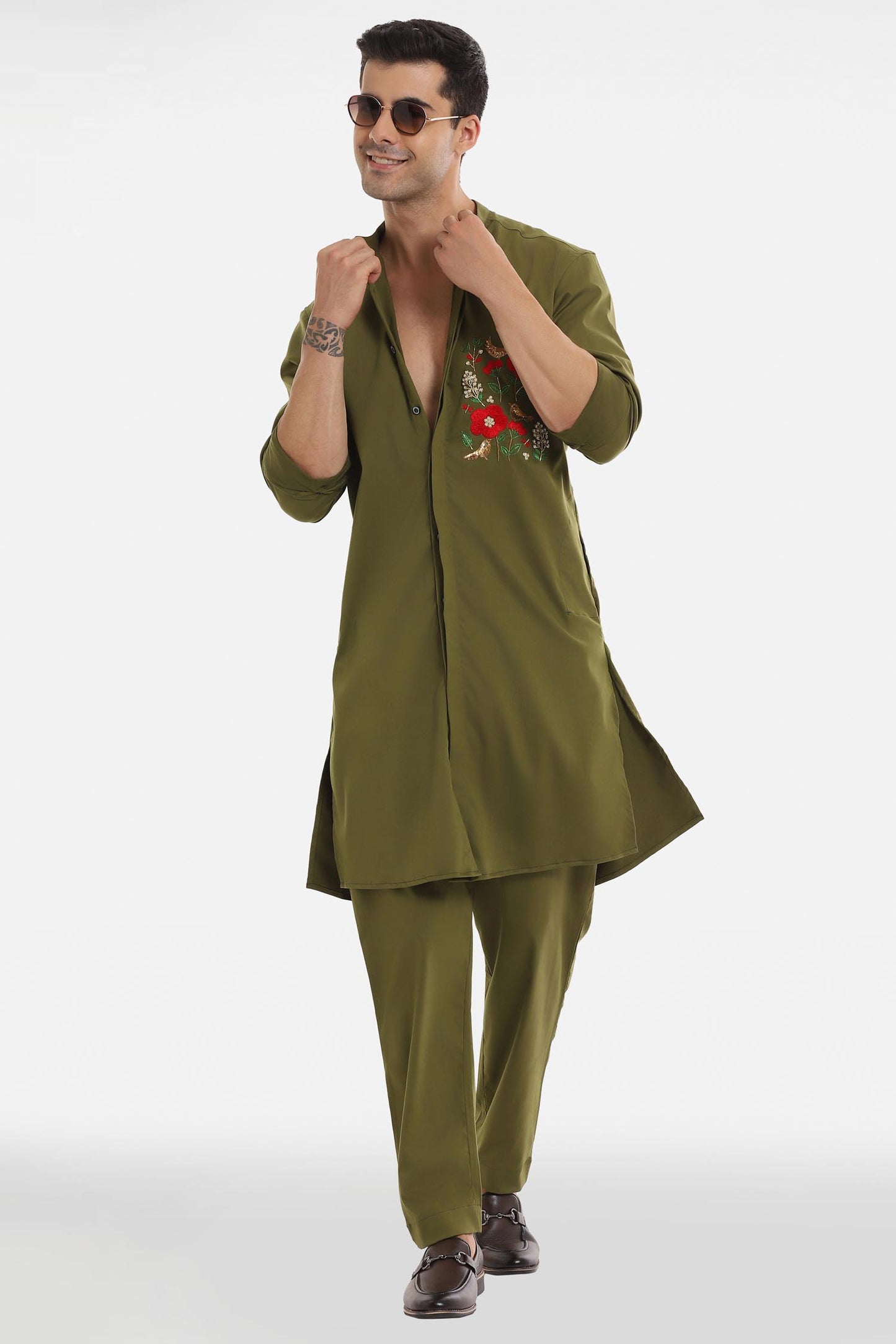 Birds Blossom Kurta - Olive Green