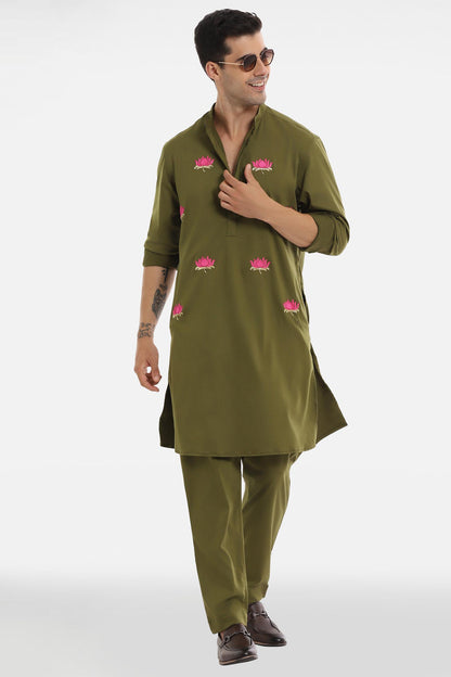 Kamal Ke Phool Kurta - Olive Green