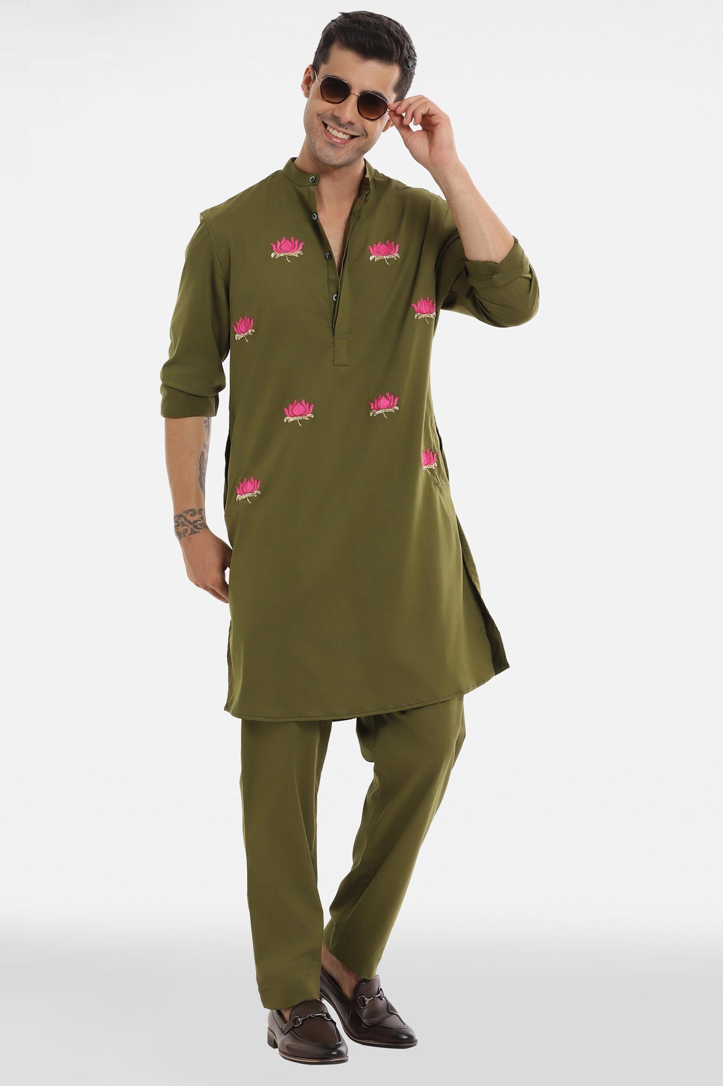 Kamal Ke Phool Kurta - Olive Green