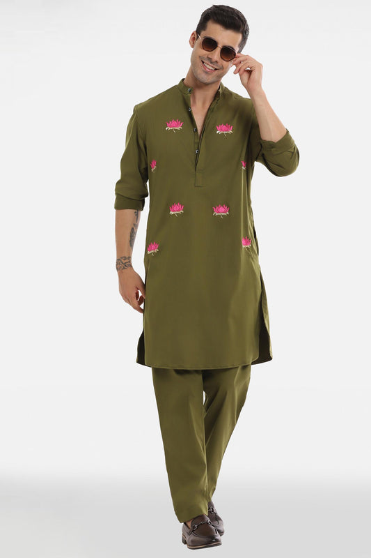 Kamal Ke Phool Kurta - Olive Green