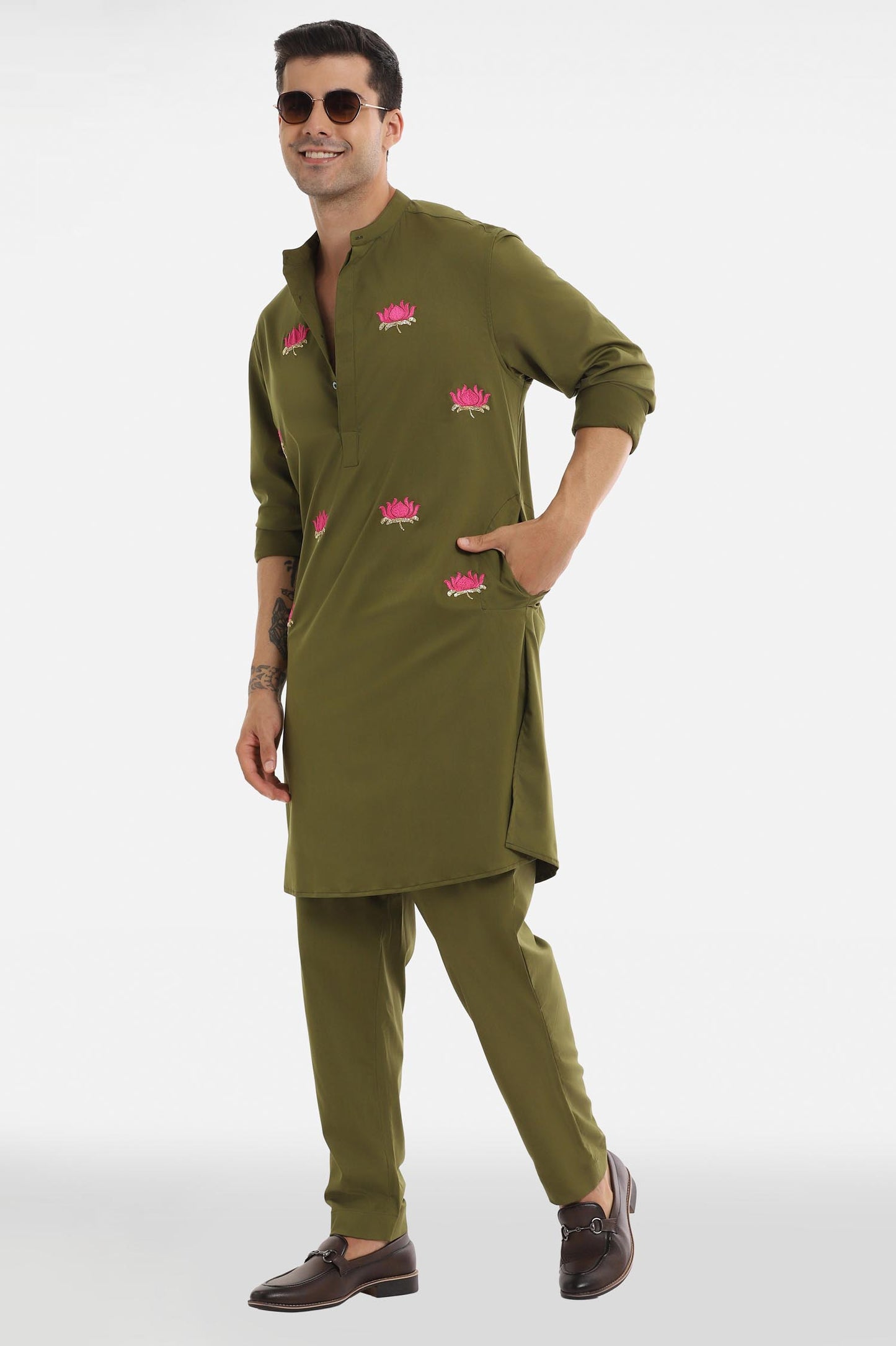 Kamal Ke Phool Kurta - Olive Green