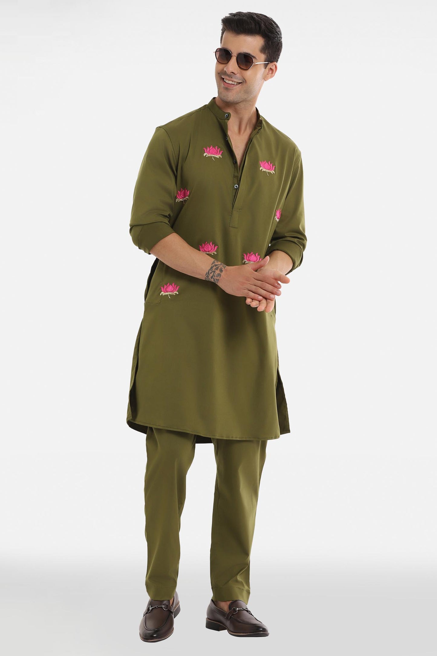 Kamal Ke Phool Kurta - Olive Green