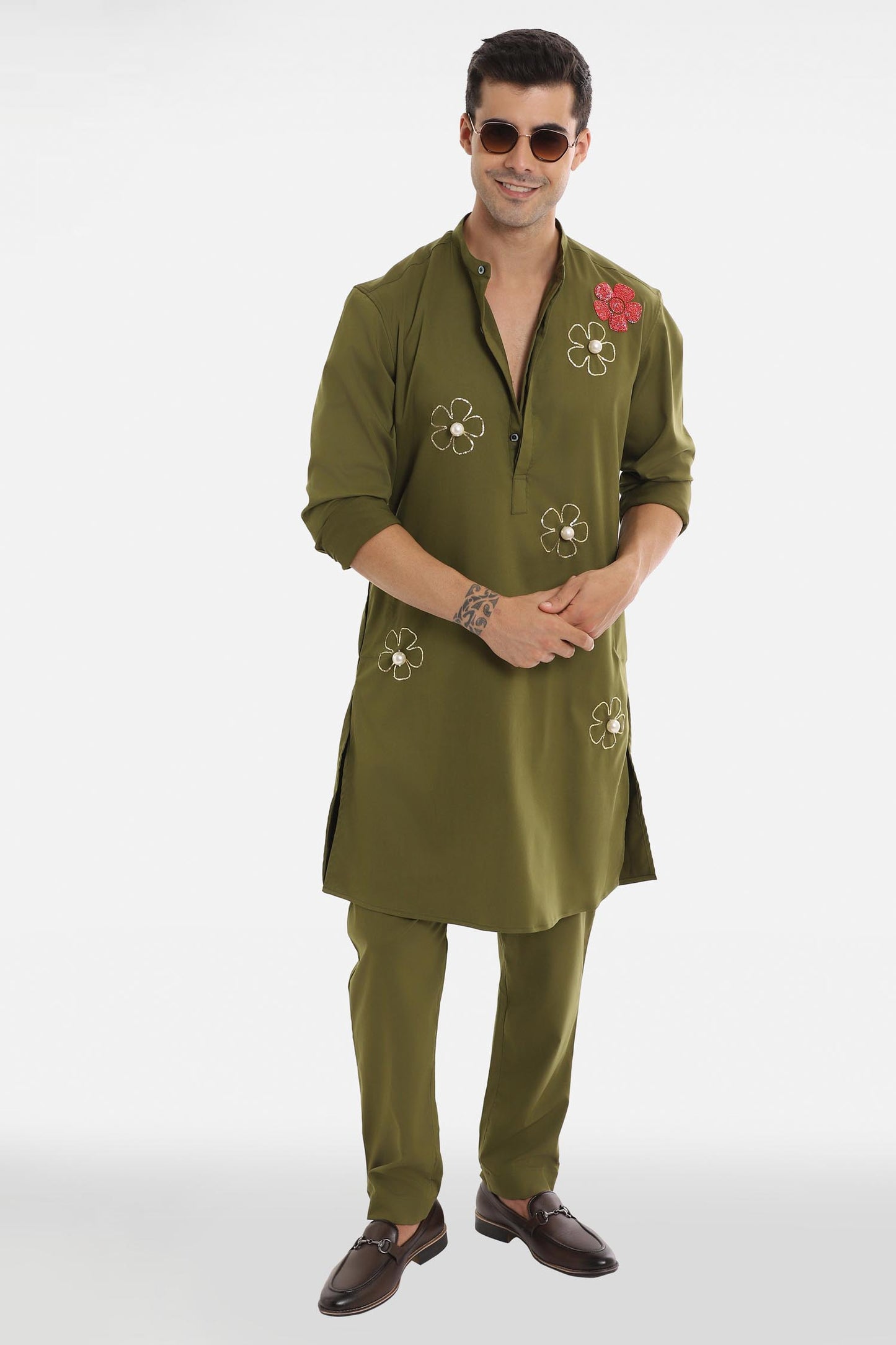 Bloom Pearl Kurta - Olive Green