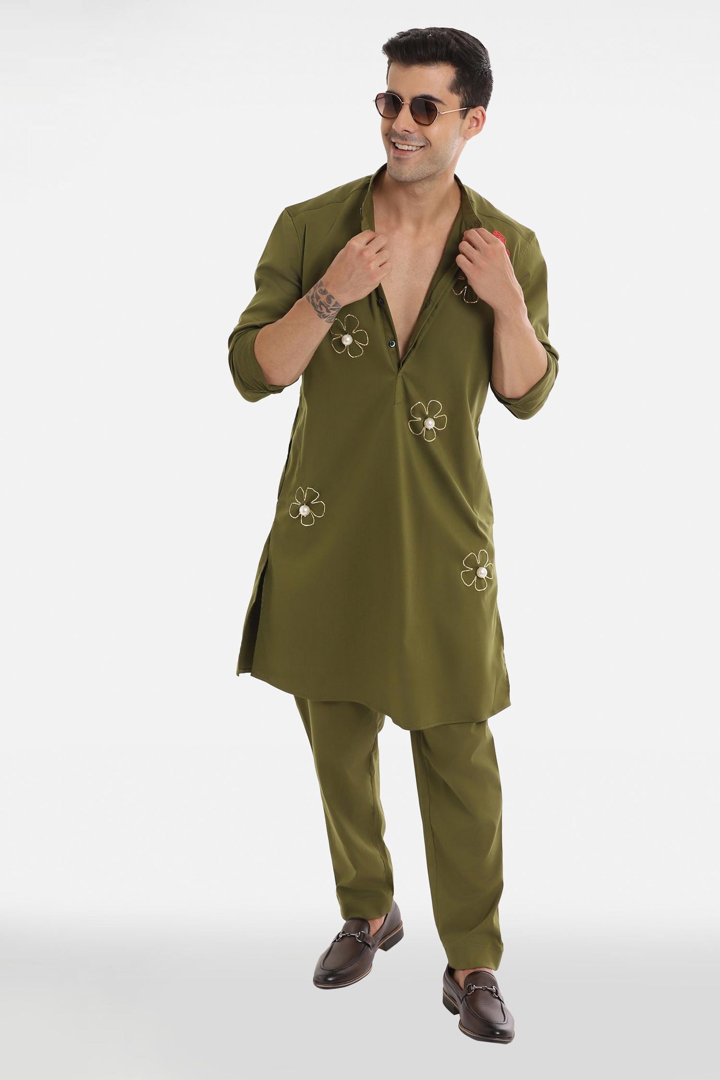 Bloom Pearl Kurta - Olive Green