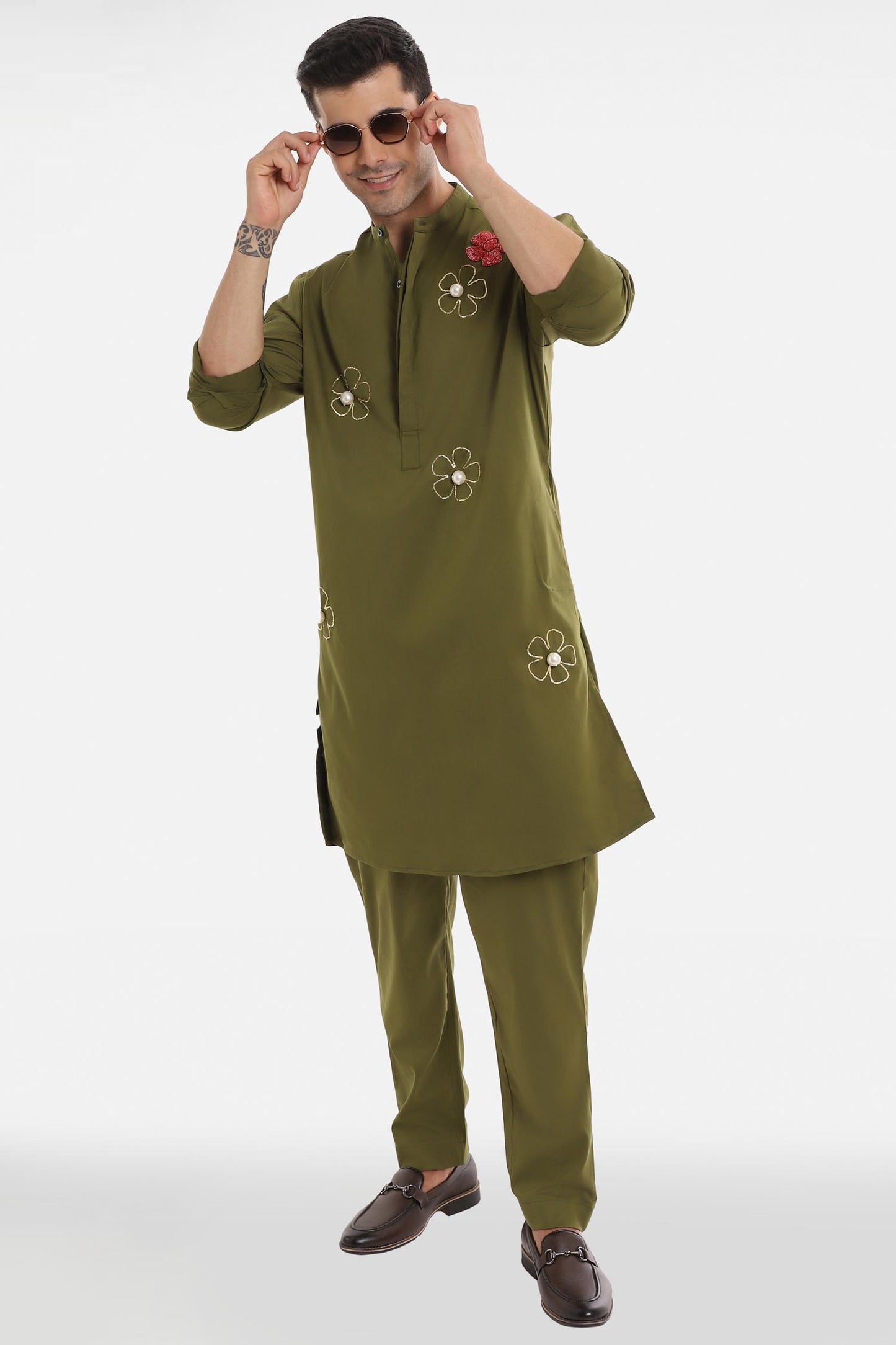 Bloom Pearl Kurta - Olive Green