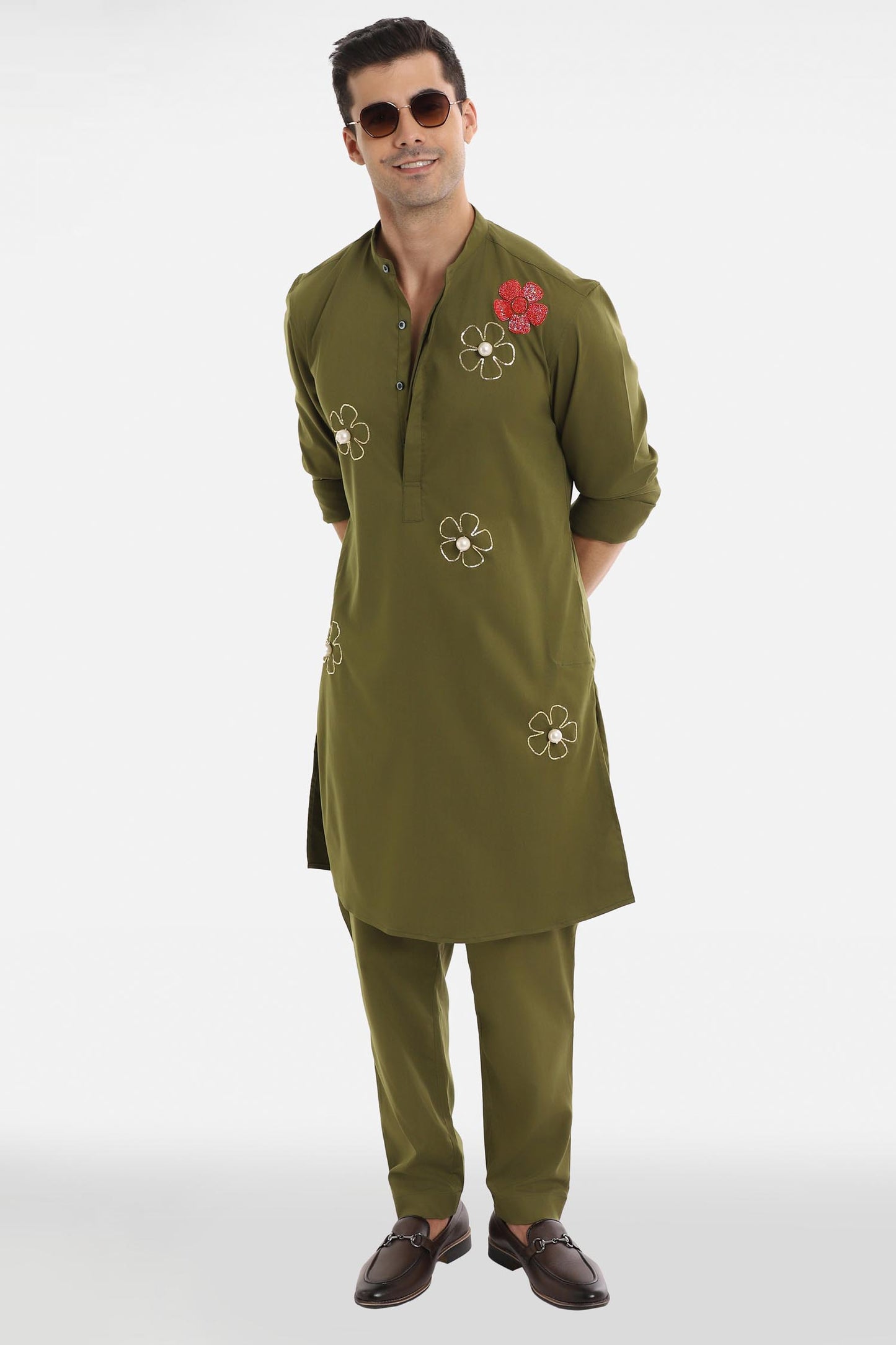 Bloom Pearl Kurta - Olive Green