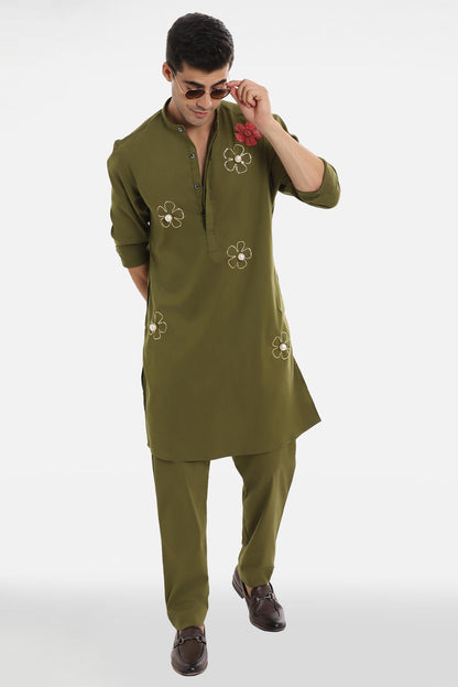 Bloom Pearl Kurta - Olive Green