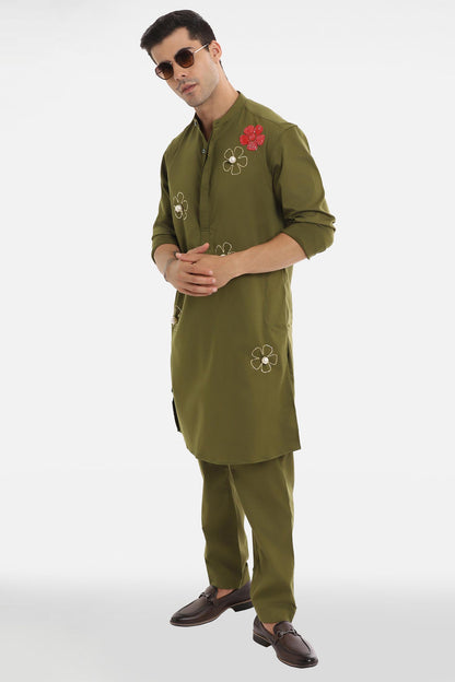 Bloom Pearl Kurta - Olive Green