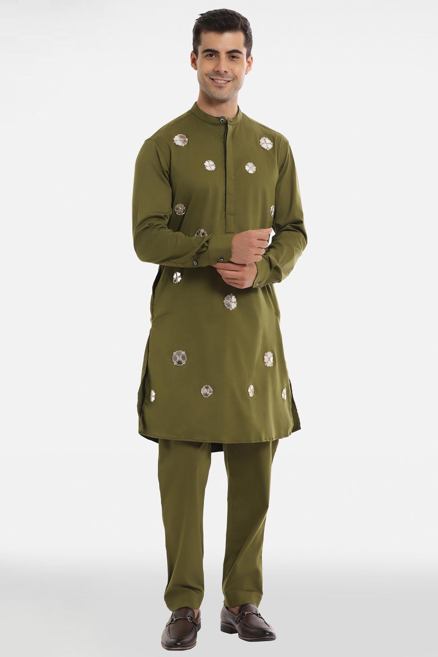 Mirror Florets Kurta - Olive Green