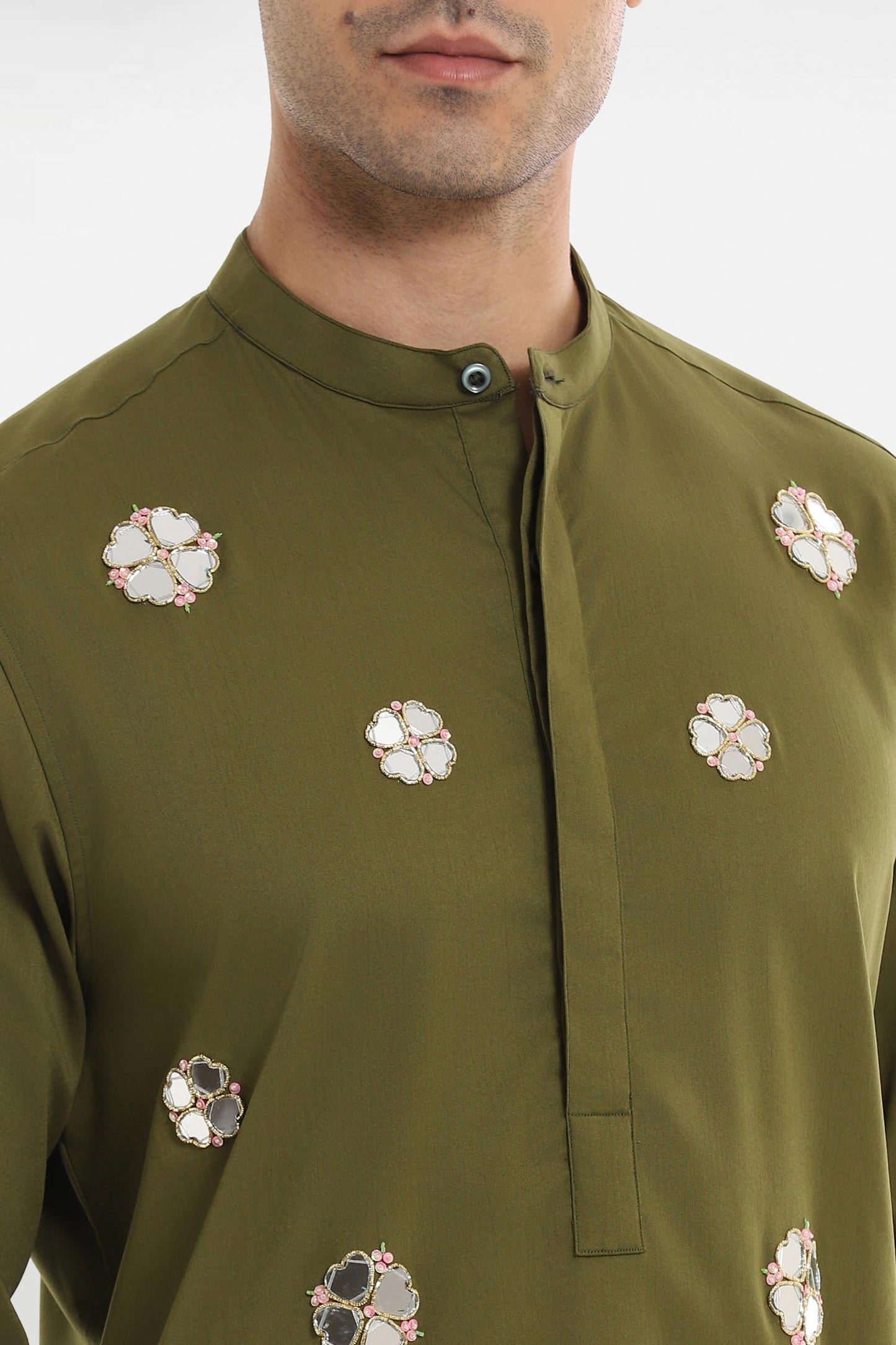 Mirror Florets Kurta - Olive Green