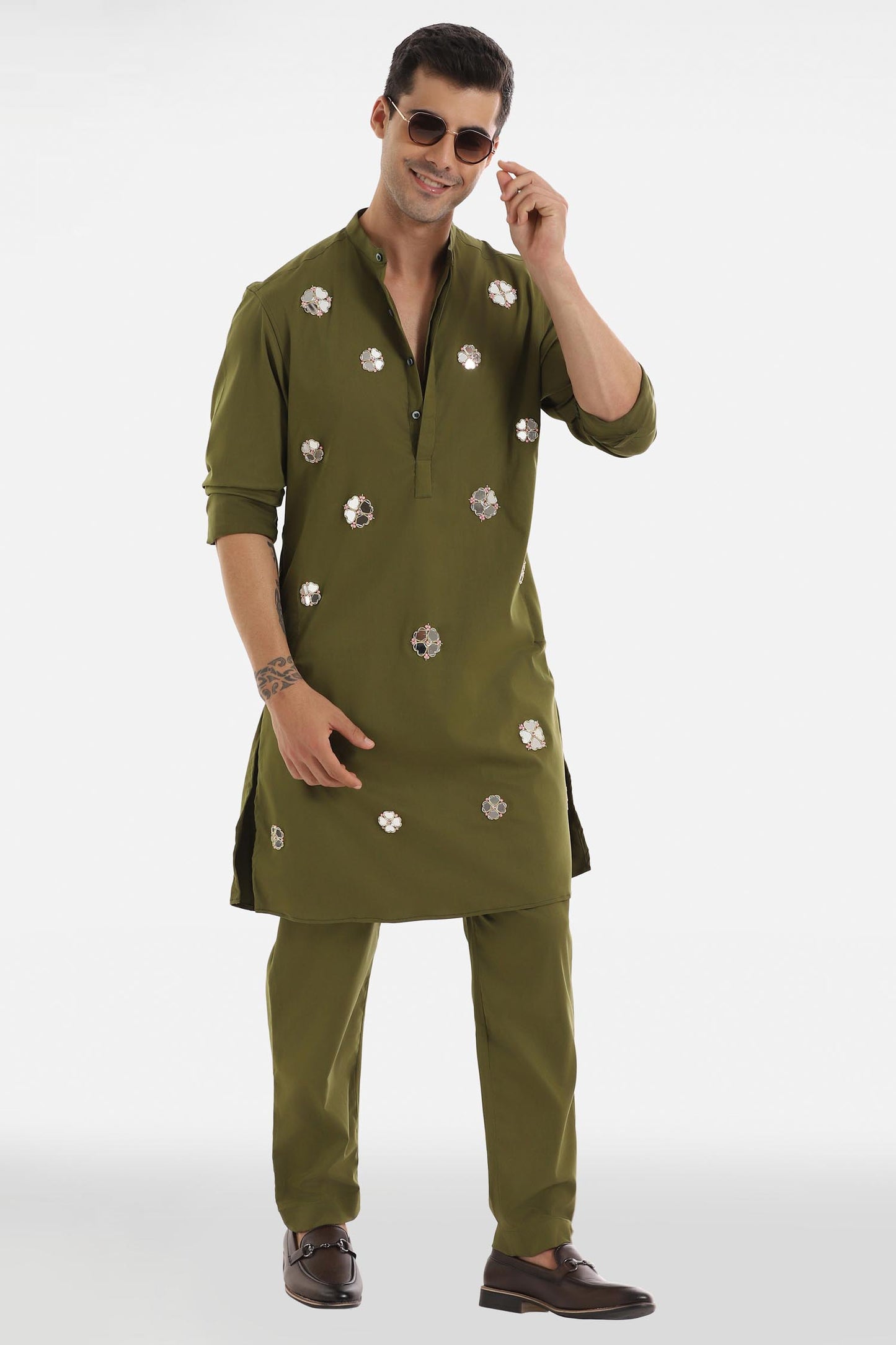 Mirror Florets Kurta - Olive Green