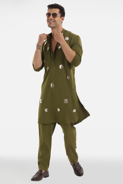 Mirror Florets Kurta - Olive Green