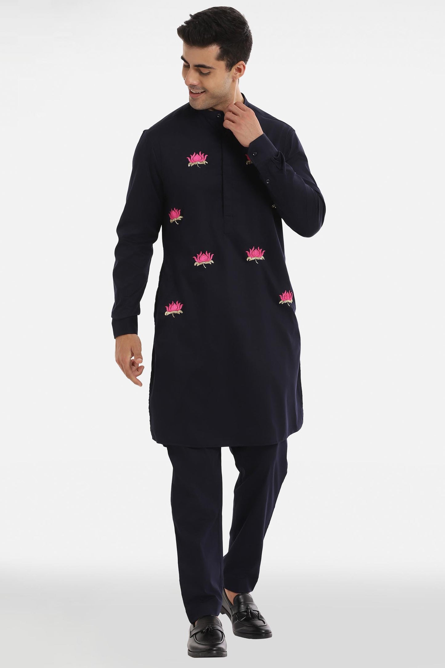 Kamal ke Phool Kurta - Navy Blue