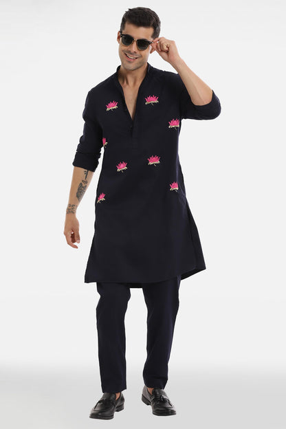 Kamal ke Phool Kurta - Navy Blue