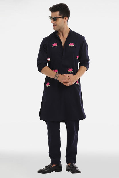 Kamal ke Phool Kurta - Navy Blue