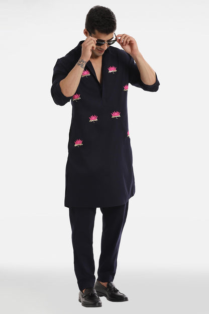 Kamal ke Phool Kurta - Navy Blue