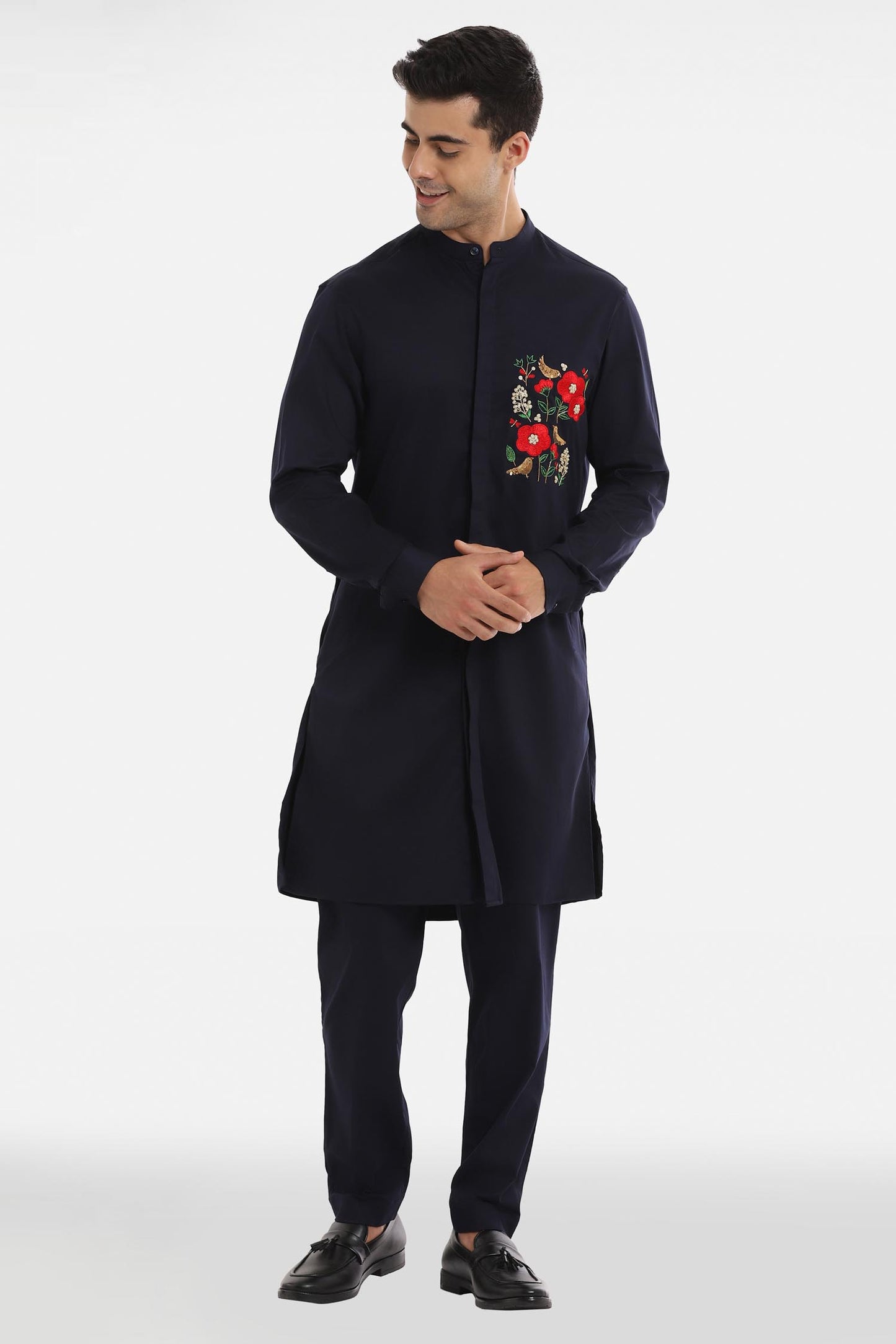 Birds Blossom Kurta - Navy Blue