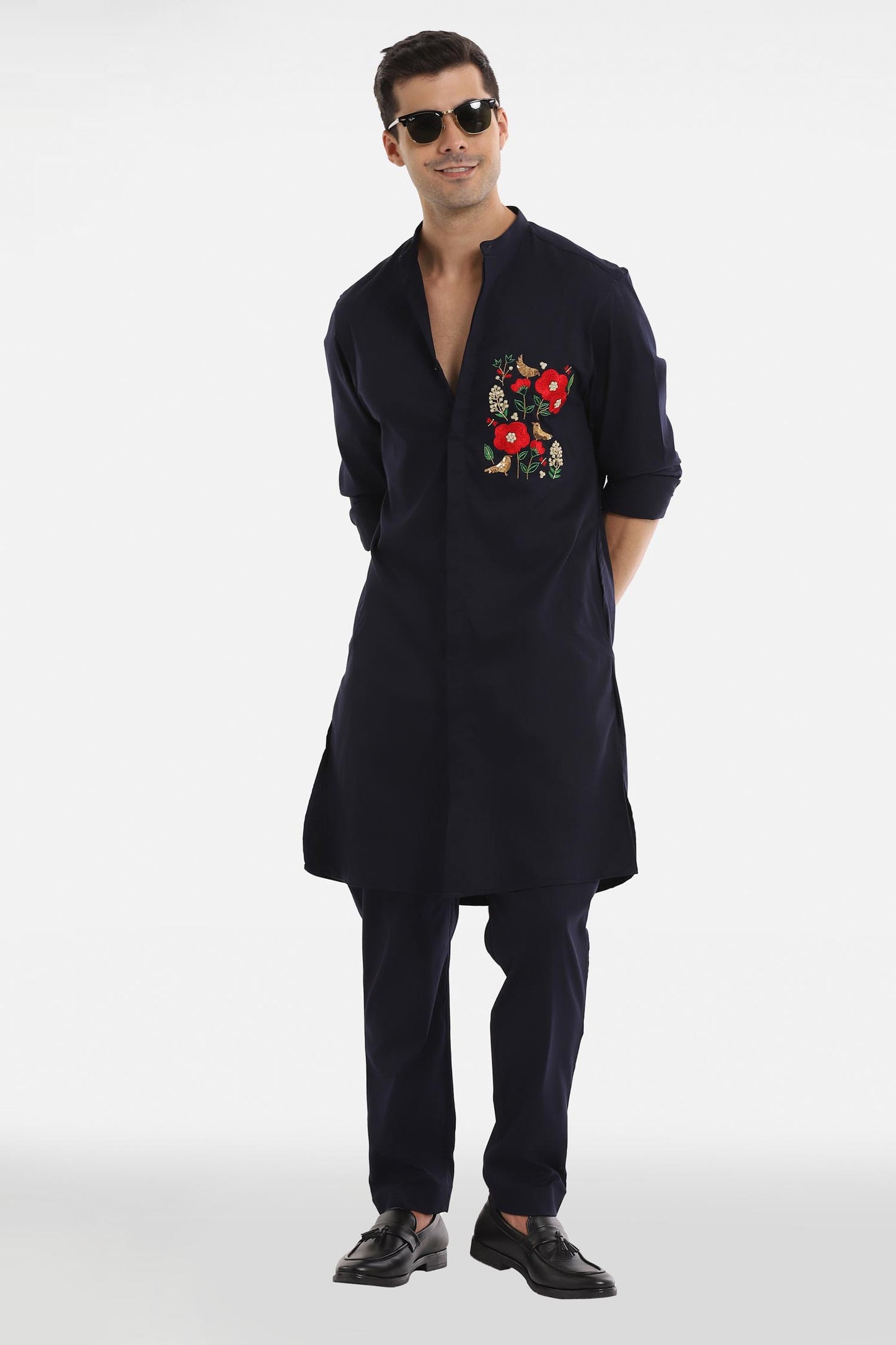 Birds Blossom Kurta - Navy Blue