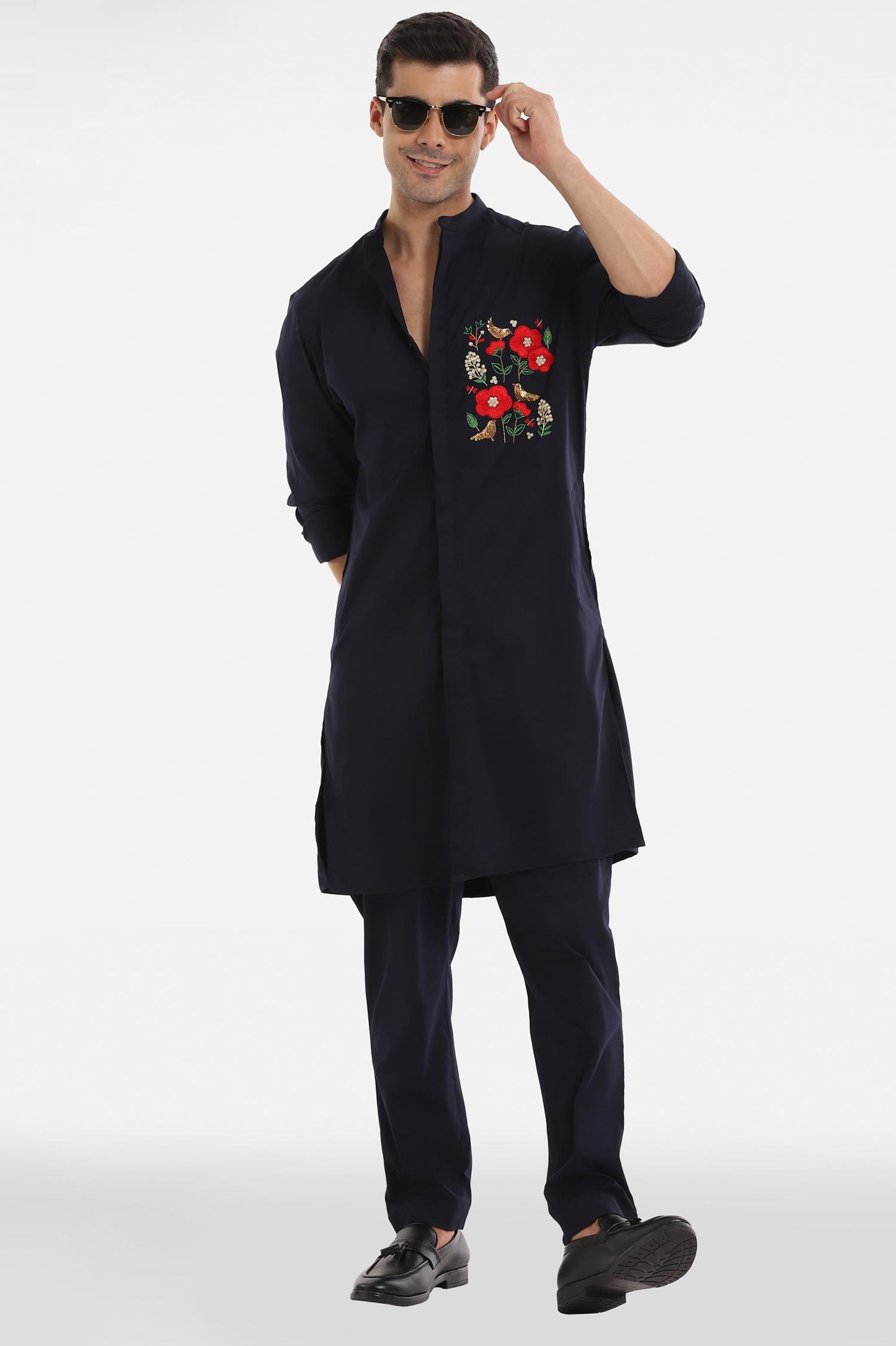 Birds Blossom Kurta - Navy Blue