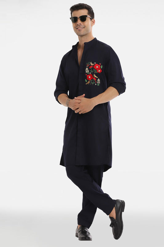 Birds Blossom Kurta - Navy Blue