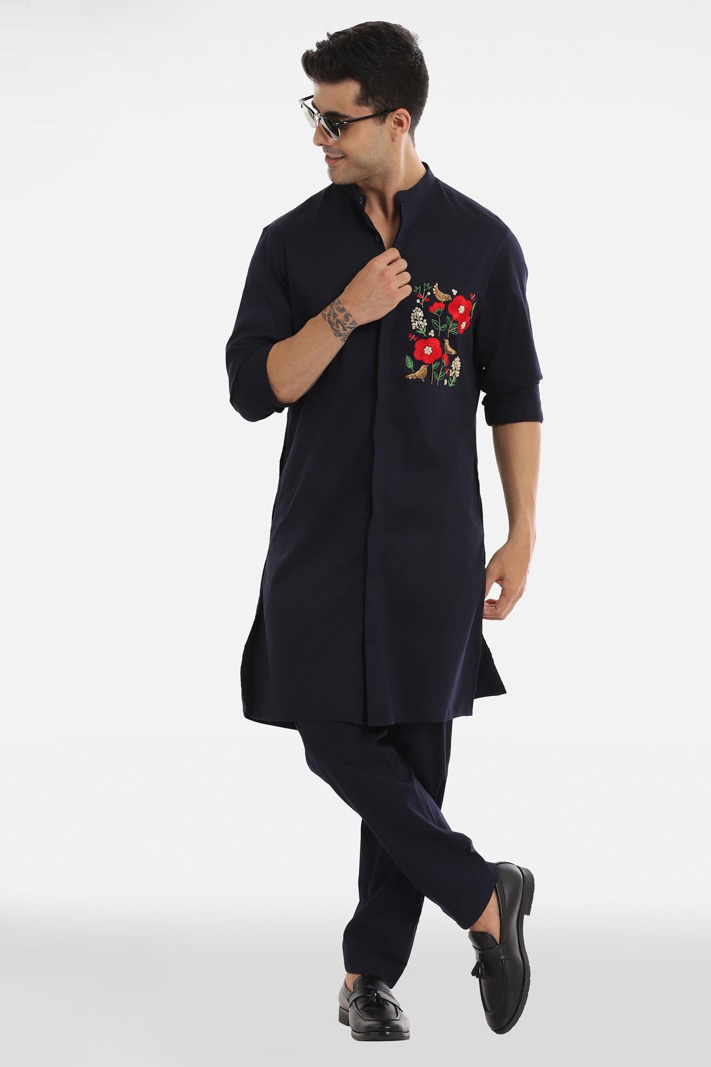 Birds Blossom Kurta - Navy Blue