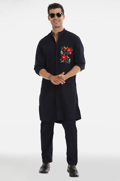 Birds Blossom Kurta - Navy Blue