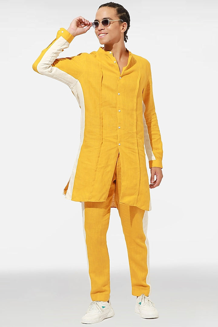 Yellow and ivory linen kurta set