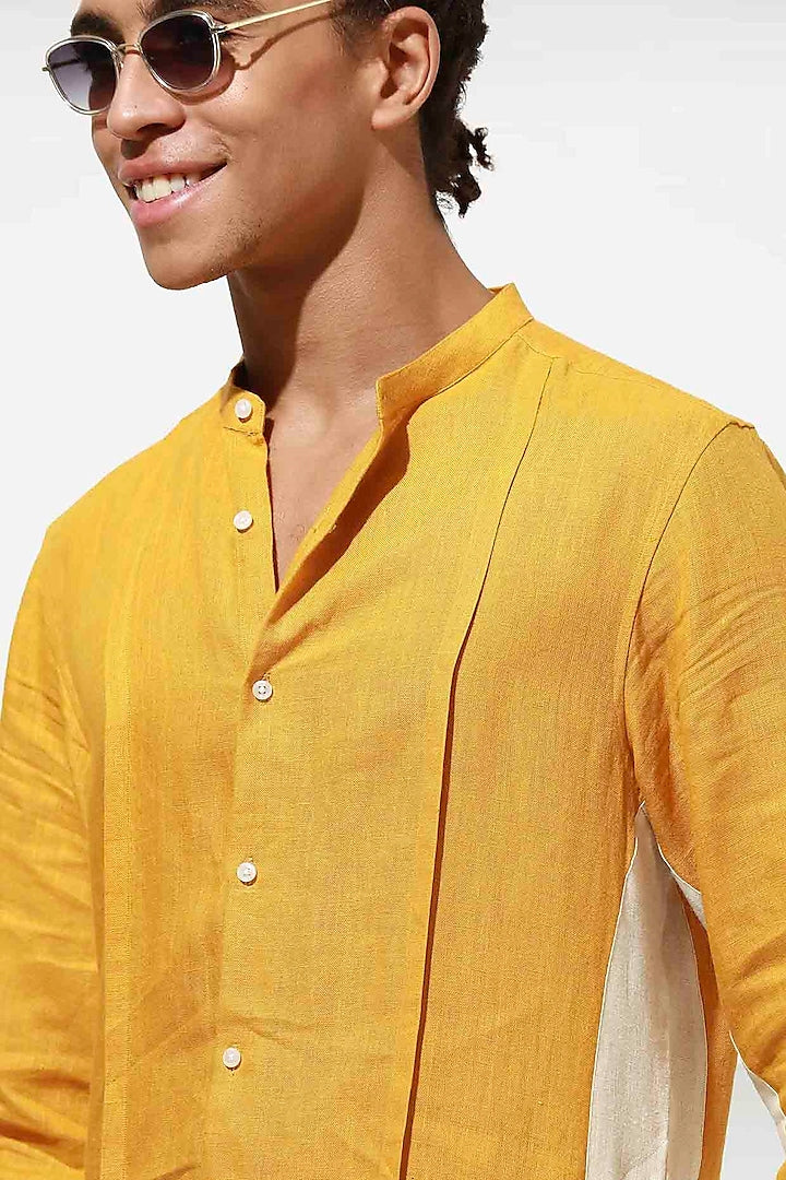 Yellow and ivory linen kurta set