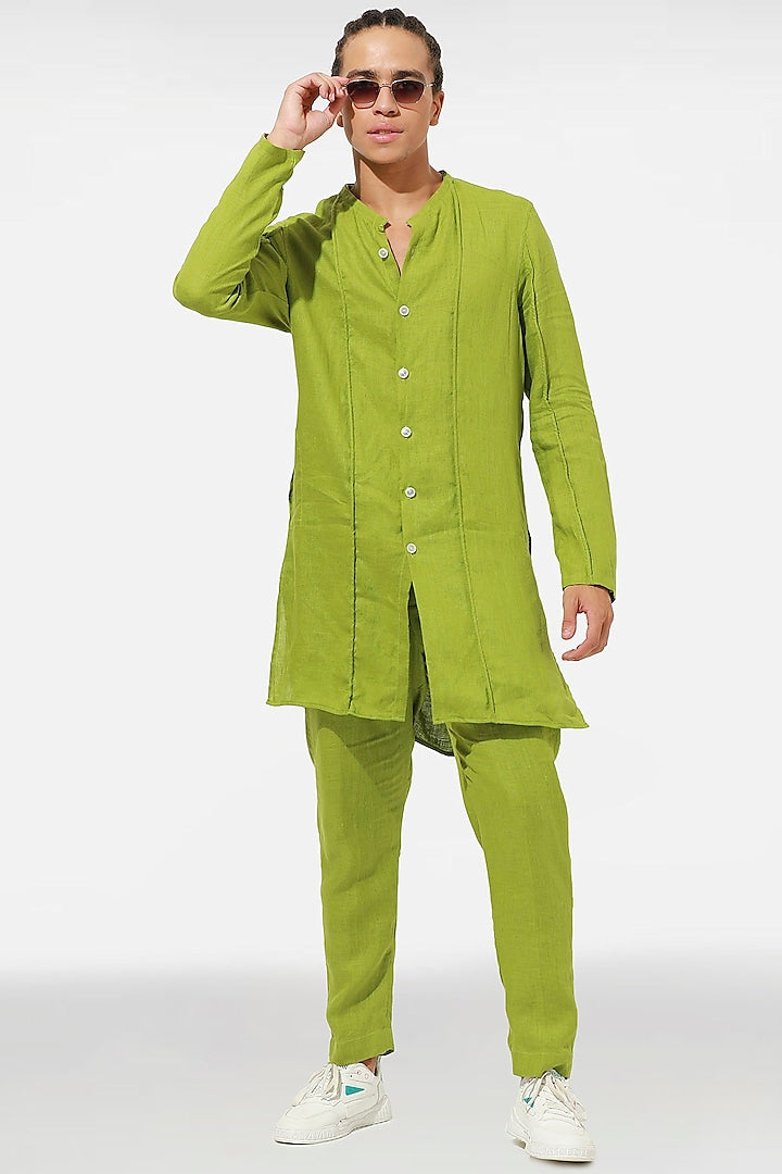 Green linen kurta set