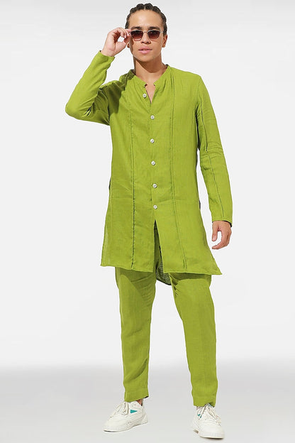 Green linen kurta set