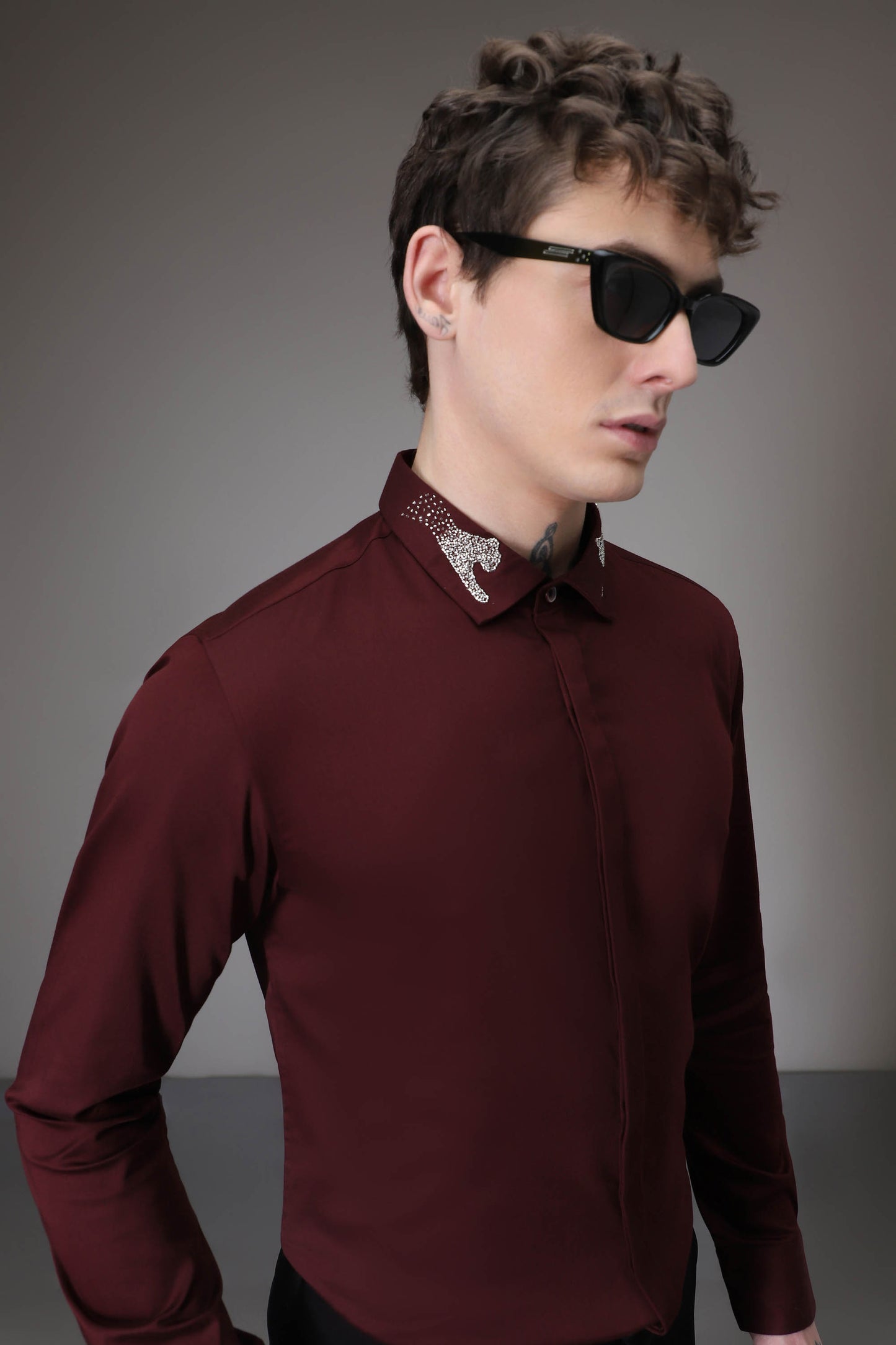 Panther Pounce hand embroidered designer shirt - Burgundy