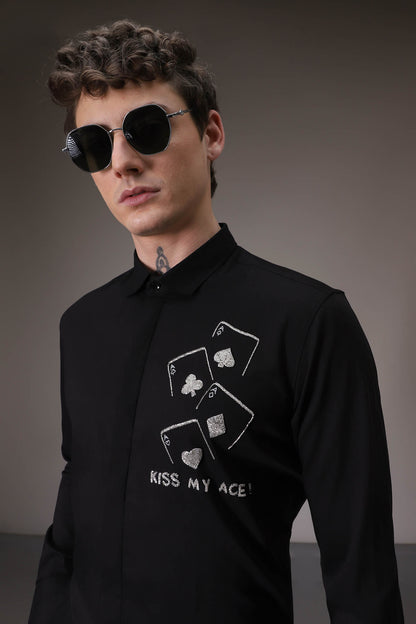 Kiss My Ace hand embroidered designer shirt  - Black